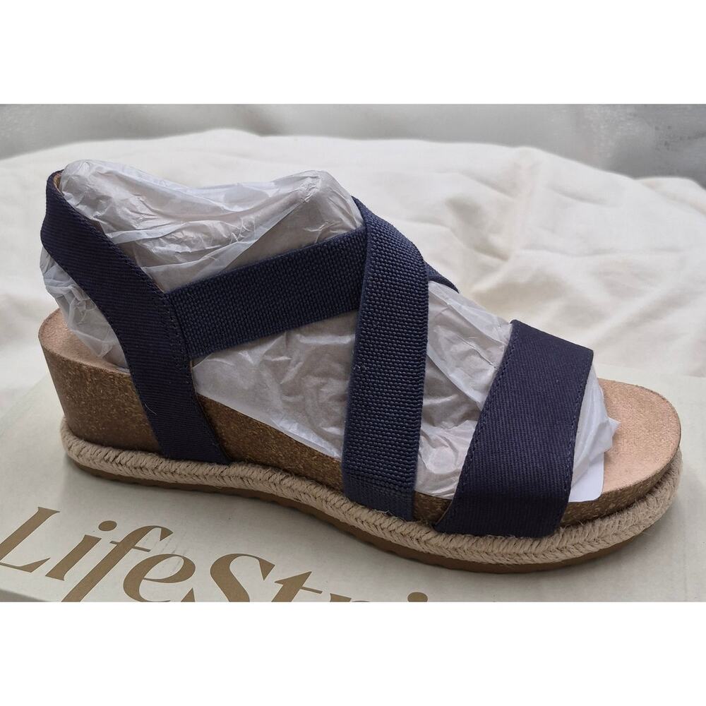 Life Stride Navy Elastic Crisscross Espadrille Wedge Sandals